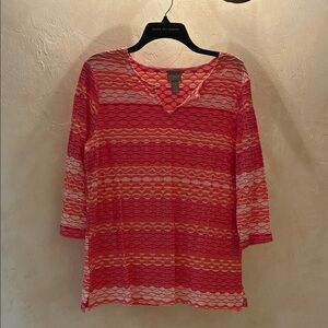 Chico's Coral, White & Peach Striped V-Neck Tunic